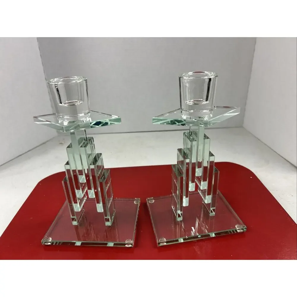 VTG Cut‎ Stacked Glass Candle Holders Art Modern Retro Crystal Heavywt Green 7.5
